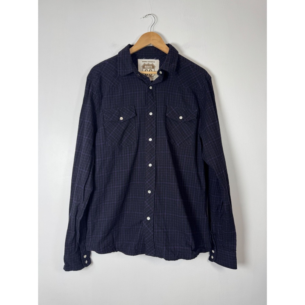 Western Route 66 Mens XL Shirt Purple Black Plaid Snap Button Cotton Long Sleeve